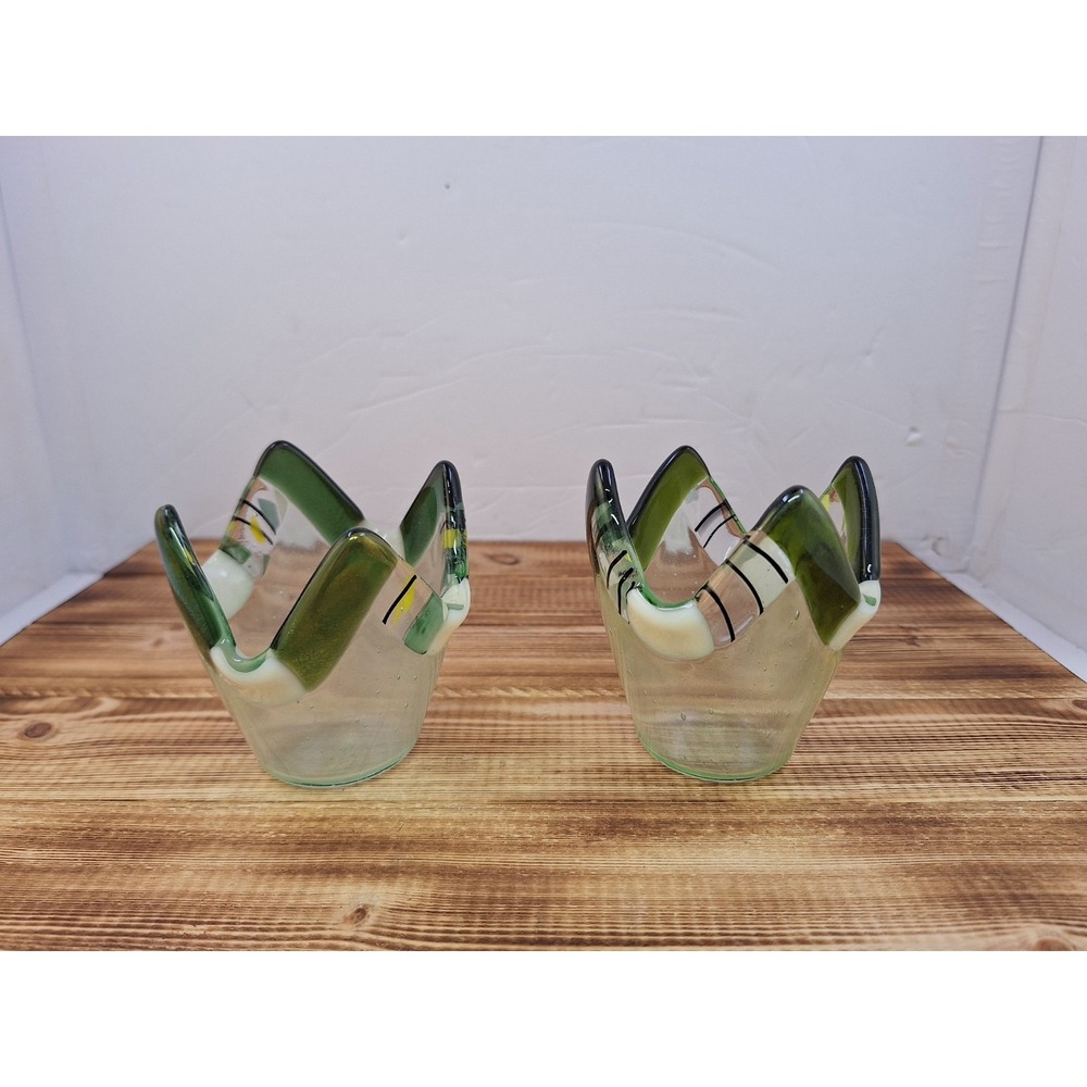 X2 Studio Art Artist Signed K.H Fused Glass Green Handkerchief Votive Holder Lot